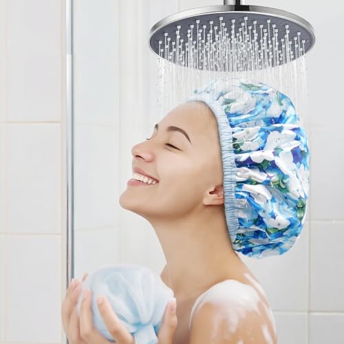 Upgraded Waterproof Terry Shower Caps, Reusable Shower Cap for Women with Long Hair, Soft Absorbent Hair-Protecting Towel Lining Bath Cap, Large Leak-Proof Hair Cap with Fashionable Print Outer-Blue - color: Blue