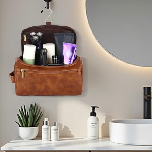 OXYEFEI Personalized Toiletry Bag for Men,Personalized Gifts for Men,Engraved Initial PU Leather Mens Toiletry Travel Shaving Travel Essentials Toiletries Bag for Him Birthday (T, Light Brown) - color: Light Brown, style: T