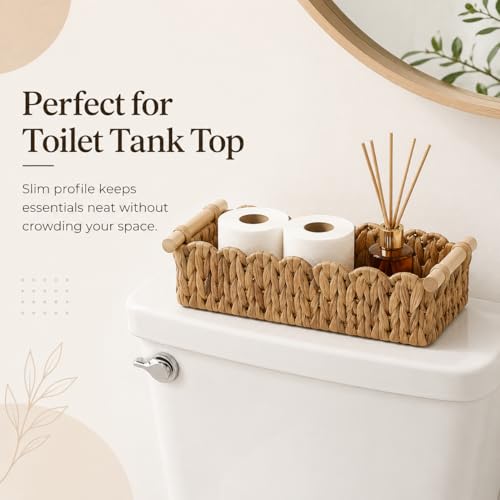 Scalloped Edge Toilet Paper Basket, Water Hyacinth Wicker Basket for Back of Toilet Tank, Long Narrow Bathroom Counter Organizer with Wooden Handles for Vanity, Shelf, Storage