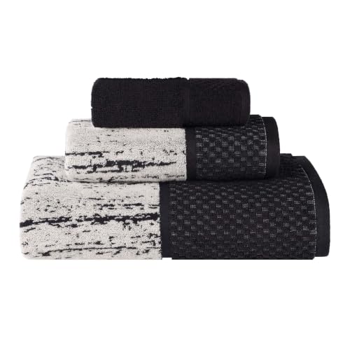 Superior Cotton Bathroom Towel Set Plush Absorbent 3 Piece, Black Ivory JAQ | Soft Quick Dry, Bathroom Essentials, Jacquard Pattern Assorted Towels, 1 Bath, 1 Hand, 1 Face Towel, Lodie Collection - color: Black-ivory, size: 3 Piece Towel Set (Jacquard)