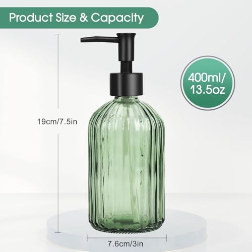 Topsky 2 Pack Glass Soap Dispenser with Plastic Pump, 400ml Liquid Hand Soap Dispenser, Rustproof Pump for Kitchen & Bathroom, Great for Lotions, Essential Oil, Liquid Soaps,Army Green - color: Stripe-green, size: Plastic Pump