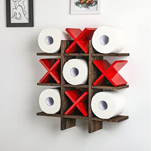 Weysat Tic Tac Toe Toilet Paper Holder Stand Bathroom Wall Decor Rustic Wooden Hanging Storage Freestanding Wall Mounted Shelves Decor for Toilet Tissue Farmhouse - color: Brown, Red