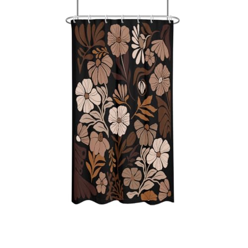 Boho Vintage Floral Shower Curtain Stall Small Short 36x72 Inch, Black Brown Tan Farmhouse Bohemian Flower Botanical Pattern, Retro Plant Abstract Polyester Fabric Mini Bathroom Decor, 7 Hooks - color: Brown, size: 36"W x 72"L (Pack of 1)