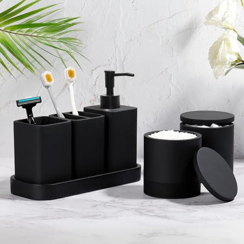 YMXYJM Bathroom Accessories Set, 6 Piece Bathroom Set with Toothbrush Holders, Soap Dispenser, Vanity Tray, Tumbler, Cotton Swab Jars, Bathroom Organizer，Bathroom Sink Sets, Matte Black - color: Black