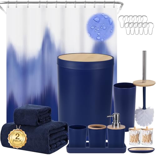iMucci Bathroom Accessories Bathroom Sets with Shower Curtain, Bath Towel Set, Trash Can, Toilet Brush, Soap Dispenser, Bathroom Accessories Set Complete - size: Bath Set+Shower Curtain+Bath Towel Set, style: Navy Blue