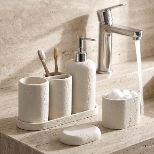 Bathroom Accessories Set, 5PCS, Travertine Stone Look, Off White | Modern, Luxurious, Bathroom Accessory Set with 13.53OZ Soap Dispenser, Tumbler, Toothbrush Holder, Qtip Holder, Vanity Tray - color: Off White