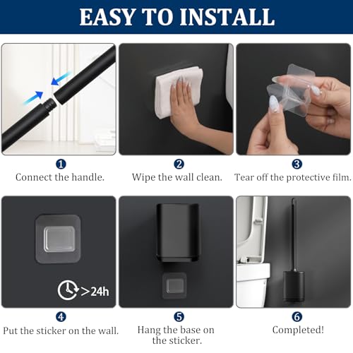 Silicone Toilet Brush and Holder Set, Toilet Brushes with Ventilated Holder, Wall Mounted Toilet Bowl Brush with Long Handle Bendable Brush Head, Black Toilet Brush Cleaner for Bathroom RV