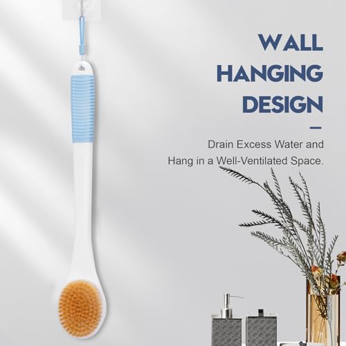 Back Scrubber for Shower, Shower Body Brush for Cleaning with Long Handle for Showering, 17 Inch Back Washer Exfoliator for Shower Men Women with Non-Slip Handle, Adhesive Hook (Lake Blue) - size: Lake Blue - Boar Bristles