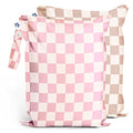 Tiny Twinkle Mess Proof Wet Bags | 2-Pack Reusable Waterproof Wet Bags for Swimsuits | Baby Clothes | Travel & Diaper Bag (Pink, Brown Checkers) - color: Pink, Brown Checkers, size: 2 Pack