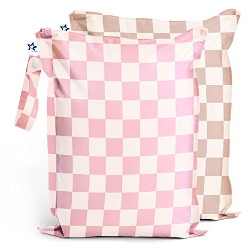 Tiny Twinkle Mess Proof Wet Bags | 2-Pack Reusable Waterproof Wet Bags for Swimsuits | Baby Clothes | Travel & Diaper Bag (Pink, Brown Checkers) - color: Pink, Brown Checkers, size: 2 Pack