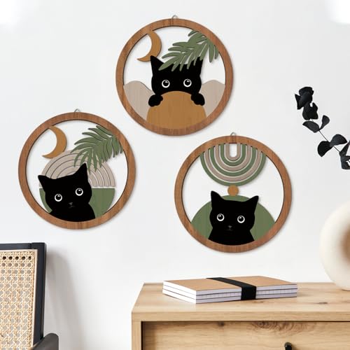 HPNIUB Boho Black Cat Wall Decor, Farmhouse Geometric Hanging Wooden Wall Art, 4 Pieces 10''x10'' Mid Century Bohemian Abstract Moon and Sun Wood Sign for Nursery Bedroom Decoration, Lovely Cat Gifts - color: Cat style B