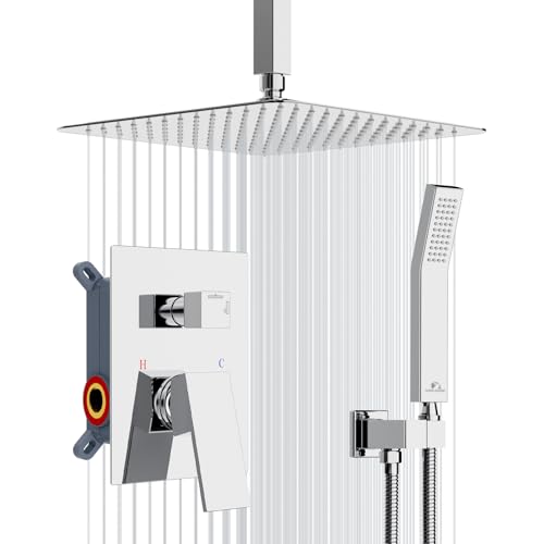 SunCleanse Rainfall Shower System Polished Chrome Ceiling Mounted Shower System Combo Set with High Pressure 12 Inches Square Rain Shower Head Handheld and Shower Faucet Rough-in Mixer Valve and Trim - color: Polished Chrome, style: 12-ceiling