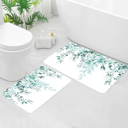 Gibelle Eucalyptus Leaves Bath Mat Rug Set 2 Piece, Super Absorbent Quick Dry Bathroom Rug Set, Non Slip Rubber Backed Bathroom Floor Mat for Tub Shower Sink (17"x24"+20"x32", Teal) - color: A006, size: 17" x 24" + 20" x 32"
