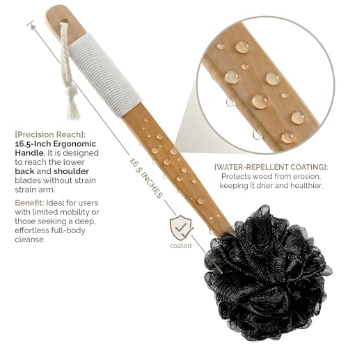 Long Handle Back Scrubber for Shower - About 16.5" Bath Brush with Non-Slip Grip - Body Loofah for Deep Exfoliation, Skin Polishing & Limited Mobility - color: White-rubber Black