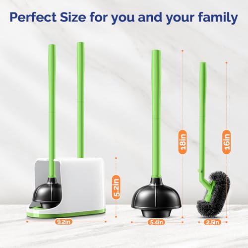 HAMITOR Toilet Plunger Bowl Brush Combo：Heavy Duty Rubber for Drain Clog Remover - Curved Design Bristles for Deep Cleaning Under Rim - Compact Bathroom Cleaning Tools for New Homet Essentials-Green - color: D-green, size: 1 pack