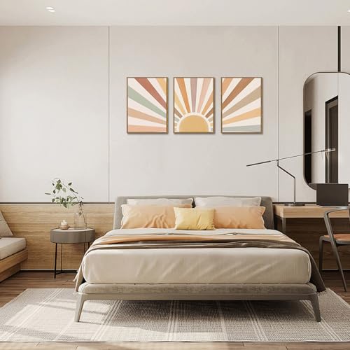 Bwodke Boho Wall Art, Framed Abstract Wall Art, Sun Rising on the Horizon Neutral Canvas Wall Decor, Mid Century Geometric Pictures Set of 3, Minimalist Paintings, for Bedroom Living Room Bathroom 16"x24" - color: Sun Rising, size: 16"x24"Natural
