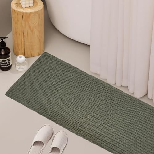 ZALL Waffle Bath Mat,Super Absorbent Non Slip Long Bathroom Runner Rug,Dark Green 24X60inch,Machine Washable Ultra Soft Floor Mats - color: Dark Green, size: 24 x 60 inches(Rectangular)