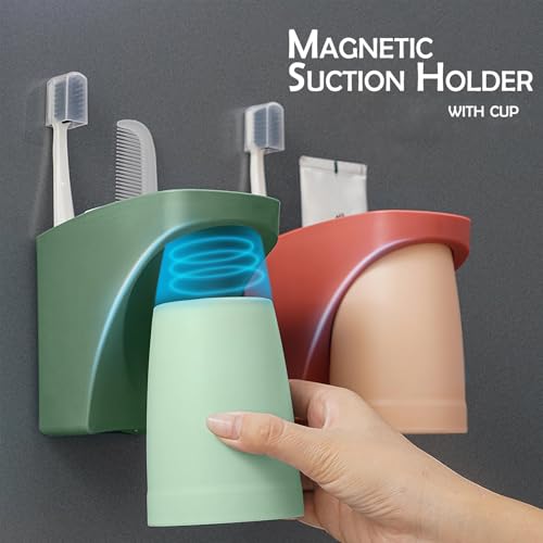 2 in 1 Toothbrush Holder,for Dad Mom and Son/Daughter in Bathroom | Magnetic Cup,Wall Mounted ,Drill-Free ,Electric Toothbrushes Storage Organizer, Space Saving - color: Rose Pink