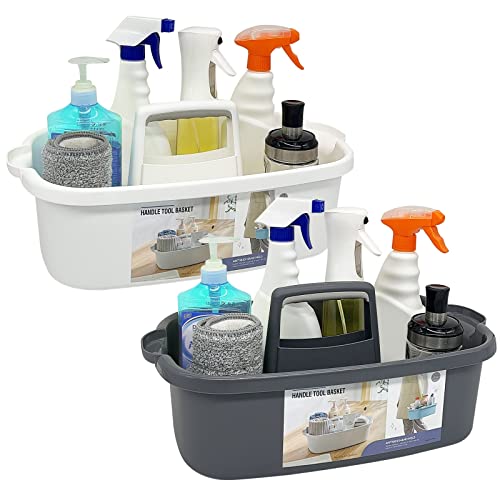Goderewild 2 Pack Multi-Purpose Plastic Cleaning Caddy with Handle, Shower Caddy Organizer/Storage Basket/Totes Portable for Bathroom Supplies, Cleaning Products, Under Sink Tool. (grey+white) - color: Grey+White, size: 2 Pack