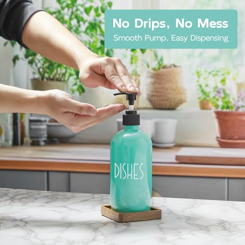 Turquoise Glass Dish Soap Dispenser with Acacia Wood Tray, 16 oz Refillable Kitchen Soap Pump Bottle, Decorative Teal Countertop Soap Dispenser Set for Kitchen, Bathroom, Restaurant - color: Turquoise-dish