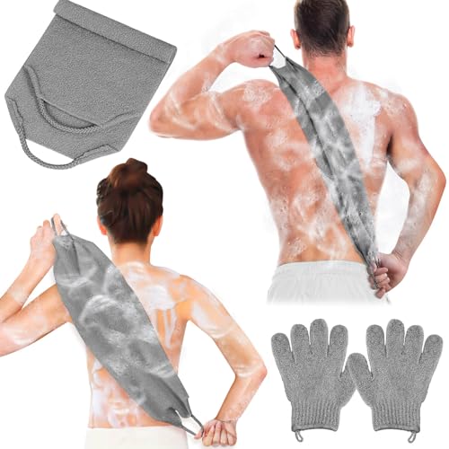 Anezus Exfoliating Back Scrubber Bath Gloves Set, Exfoliating Shower Towel with Shower Gloves for Body Scrub, Back Cleaner Wash Gloves to Remove Dead Skin (Grey) - color: Grey