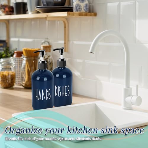 Dish Soap Dispenser for Kitchen - 16 OZ Glass Hand Soap Dispenser Set - Kitchen Bathroom Decor and Accessories (Navy Blue) - color: Navy Blue