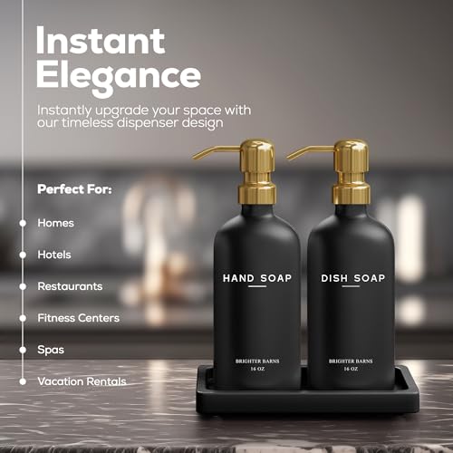 Luxury Glass Hand and Dish Soap Dispenser Set by Brighter Barns - Black and Gold Soap Dispenser Set for Kitchen Sink - Modern Kitchen Decor and Accessories for Restaurant, Airbnb, Gift (Black/Gold) - color: Black Gold Hd