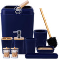 Bathroom Accessories Set, 9 Piece Navy Blue Bathroom Accessory Set with Trash Can,Toothbrush Holder,Toothbrush Cup,Lotion Soap Dispenser,Vanity Tray,Soap Dish,Toilet Brush,Qtip Holder - size: Bath Set, style: Navy Blue