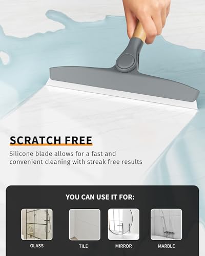 MR.SIGA All Purpose Silicone Squeegee for Shower Door, Mirror, Glass, Streak Free Shower Squeegee, Pivoting Bamboo Handle, Includes 1 Suction Hook, 10 inch Wide, Gray, 1 Pack - color: Gray