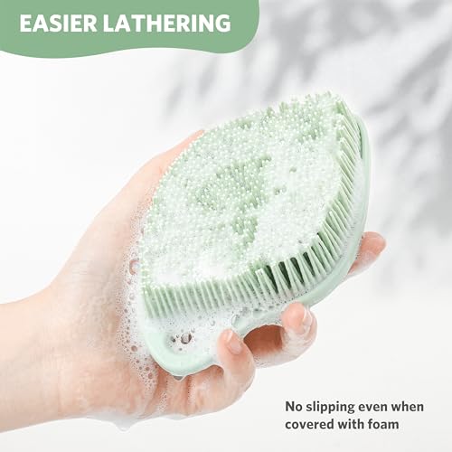 Sndyi Silicone Body Scrubber, Gentle Exfoliating Body Scrubber for Sensitive Skin, Leaf Shaped Shower Scrubber for Body with Lathering Bristles, Silicone Loofah Body Brush for Showering, Green - color: Green