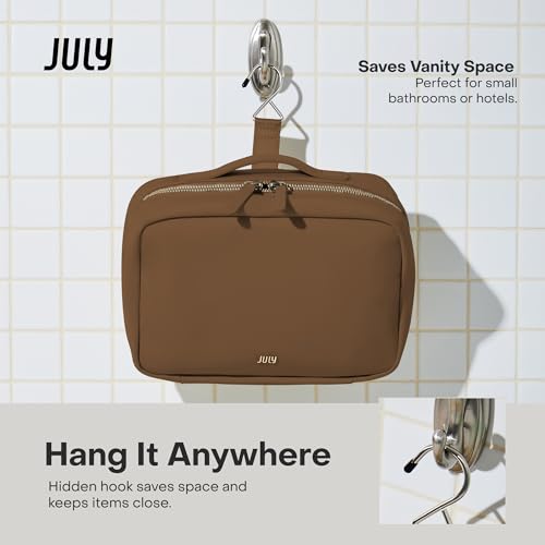 July Hanging Toiletry Bag with Hidden Hook, Clear & Leak-Resistant PVC Pocket, Toothbrush Tab, Water-Resistant Nylon and Leather Trims - Travel Essentials Bag, Bathroom Travel Organizer - Light Brown - color: Light Brown