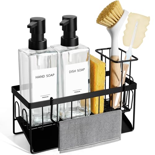 GMISUN Kitchen Soap Dispenser Set, 12 fl oz / 350 ml Dish Soap Dispensers with Sponge Holder, Customized Clear Glass Dish soap Dispenser for Kitchen, Modern Soap Dispensers Set Removable - color: Clear Bottle + Black Rack