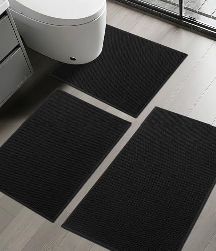 YIHOUSE Bathroom Rug Sets 3 Piece, Ultra Thin Quick Dry Bath Mat, Absorbent Bath Mat for Bathroom Non Slip Machine Washable Bath Rug (Black) - color: Black, size: 3 Pieces