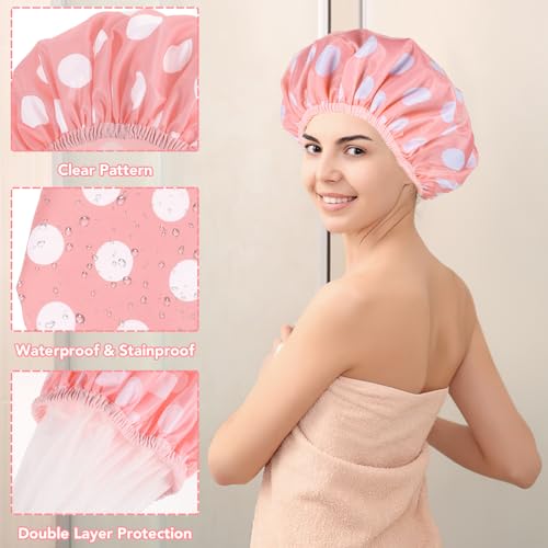 WSICSE 2 Packs Large Shower Caps for Women, Waterproof Shower Cap Double Layers Bath Caps with Hair Scrunchies for Long Thick Hair - color: pink, black