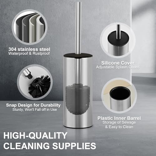 304 Stainless Steel Toilet Brush and Brush Holder Set, Circular Floor Toilet Brush Holder, Long Handle, Bathroom Heavy-Duty Cleaner, High-End Cylinder Wall, 2 Brush Head (Brushed) YIGUANXIN - color: H-brushed