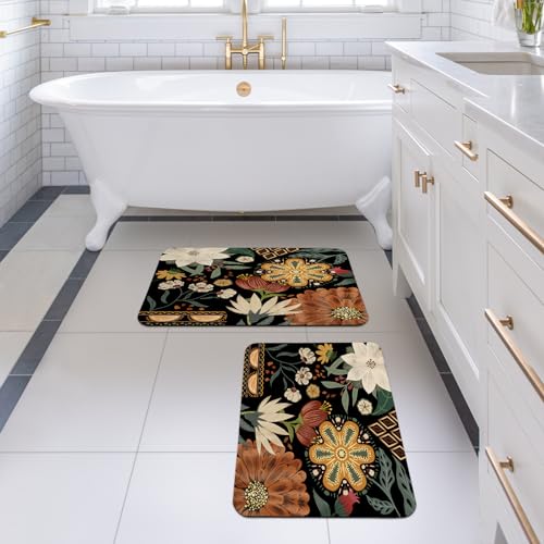 MitoVilla Boho Flower Bathroom Rug Set - 2 Piece 17" x 24", Non Slip, Absorbent Shower Floor Mat, Washable, Carpet Floor Mats for Decor - color: Boho - Flower02, size: 17" x 24" - 2Pcs