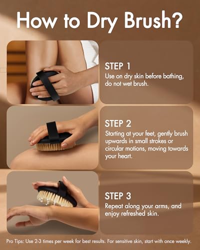 Dry Brushing Body Brush for Massage - Natural Boar Bristle Exfoliating Brush with Massage Nodes for Lymphatic Drainage, Cellulite, Blood Circulation Improving Skin Health for Women Men Elderly(Black) - size: Round 4.3 in-Black