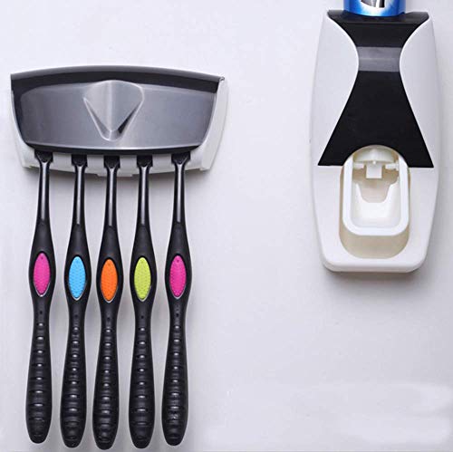 RC Auto Toothpaste Dispenser, Hands Free Toothpaste Squeezer Wall-Mount Toothbrush Holders Bathroom Organizer with 2 Hooks, Sticks & Cleaning Brush White