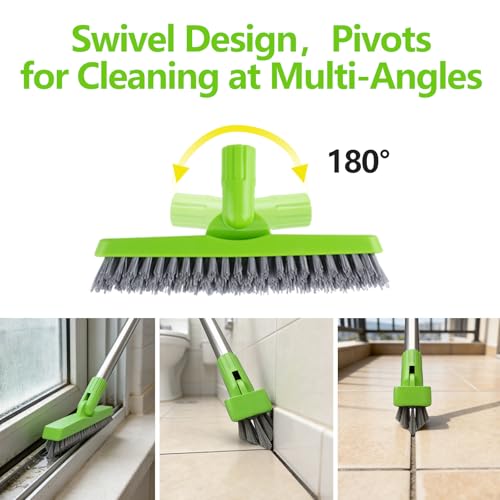 2 Pack Grout Brush with Long Handle, Swivel Cleaning Grout Line Scrubber - Durable Handle Grout Cleaner Brush for Bathroom,Tile,Baseboard,Walk in Shower,Corner & Narrow Space (Green) - color: Green