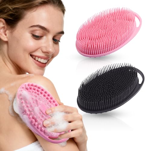 2 Pack Silicone Body Scrubber, Exfoliating Shower Scrubber for All Skin | 2 in 1 dual-sided design, soft bristles and massage bumps side, fast-drying, non-slip handle, for women and men, Black+Pink - color: Black&pink