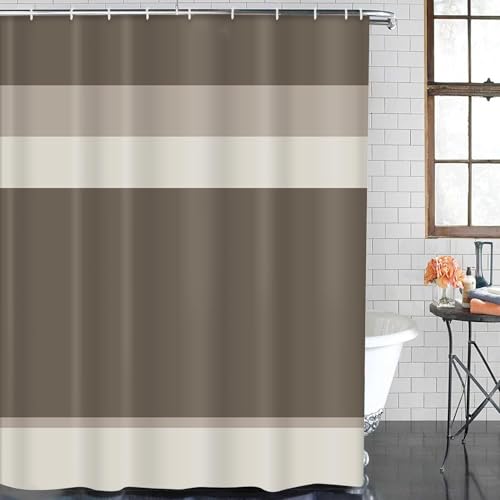 ArtSocket Brown Beige Neutral Bathroom Set with Shower Curtain and Bath Rugs and Accessories, Striped Modern Non-Slip 3 Piece Set, 72" L x 72" W Curtain, 23.6" L x 15.7" W + 19.7"x 31.5" Rugs - color: Brown Beige