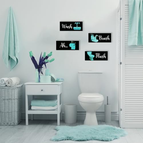 4 Pcs Teal Bathroom Decor Funny Teal And Black Bathroom Decor Wooden Modern Funny Glitter for Home Toilet Decoration(10x4") - color: Teal, size: 10 X 4 Inch