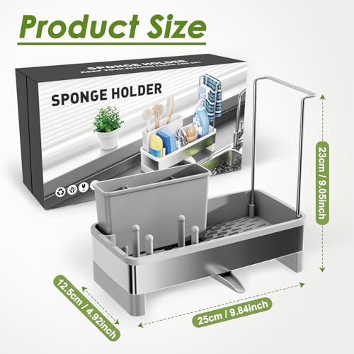 Ewaiira Stainless Steel Sink Caddy, Sponge Holder for Kitchen Sink with Brush Holder Dishcloth Rack, Rustproof Sink Organizer Countertop, Soap Dispenser Kitchen Organizers Storage Essentials, Gray9.8″ - color: C-gray
