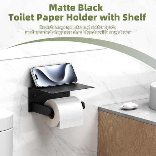 Toilet Paper Holder with Phone Shelf, APLusee SUS 304 Stainless Steel Bathroom Tissue Holder, Wall Mounted Roll Paper Dispenser, Matte Black - color: Matte Black, size: Single Rod