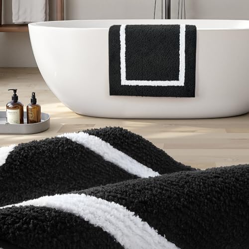 HOMEIDEAS Bathroom Rugs Sets 2 Piece, Super Soft and Absorbent Microfiber Tufted Bath Mats, Non-Slip and Machine Washable Bath Rugs(Black and White) - color: Black