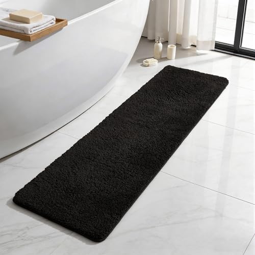 TYUU Black Bathroom Runner Rugs, Ultra Soft Long Bath Mat Machine Washable Super Absorbent Quick Dry Bathroom Runner Rug 16 x 60 Non Slip, Black 16" x 60" - color: Black, size: 16" x 60"