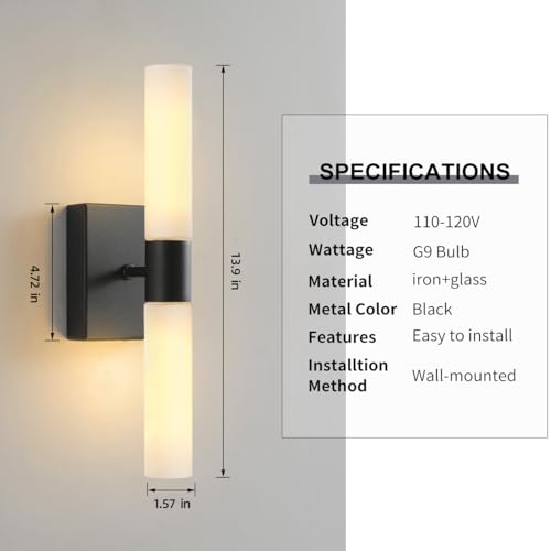 KUZZULL Wall Sconces Set of Two Matte Black Modern Bathroom Sconces Lighting Set of 2 Frosted Glass Shade Indoor Wall Lamp Wall Mounted Lights Metal Wall Light Fixtures for Living Room Stairs - color: matte black frosted