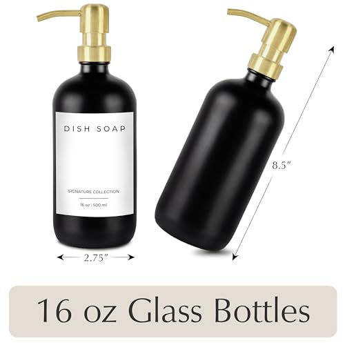Emerson Essentials Dish Soap Dispenser for Kitchen, Dispenser Bathroom Set, Hand Soap Dispenser, Hand Wash and Dish Soap Set - Glass Dispenser with Pump and Labels - color: 03 – Black / Polished Gold