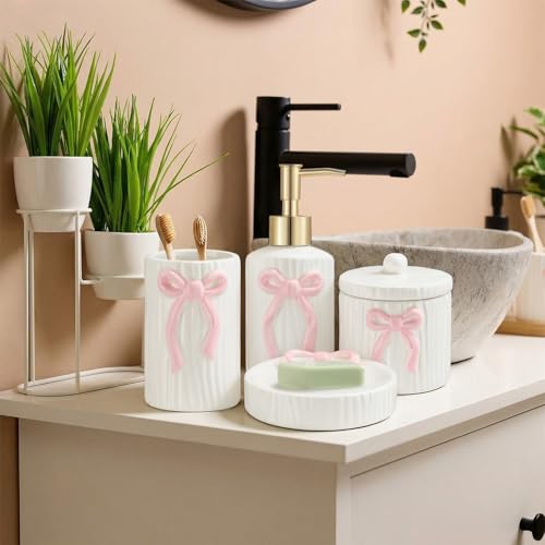 Zhehao 4 Pcs Ceramic Pink Bow Bathroom Set Bathroom Accessories Soap Dispenser Tumbler Toothbrush Holder Vanity Soap Tray Cotton Swab Jars Refillable Decor Gift for Her(White with Pink Bow)