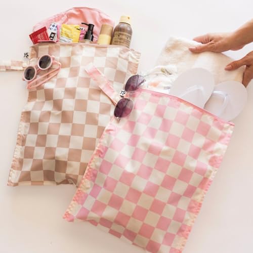 Tiny Twinkle Mess Proof Wet Bags | 2-Pack Reusable Waterproof Wet Bags for Swimsuits | Baby Clothes | Travel & Diaper Bag (Pink, Brown Checkers) - color: Pink, Brown Checkers, size: 2 Pack